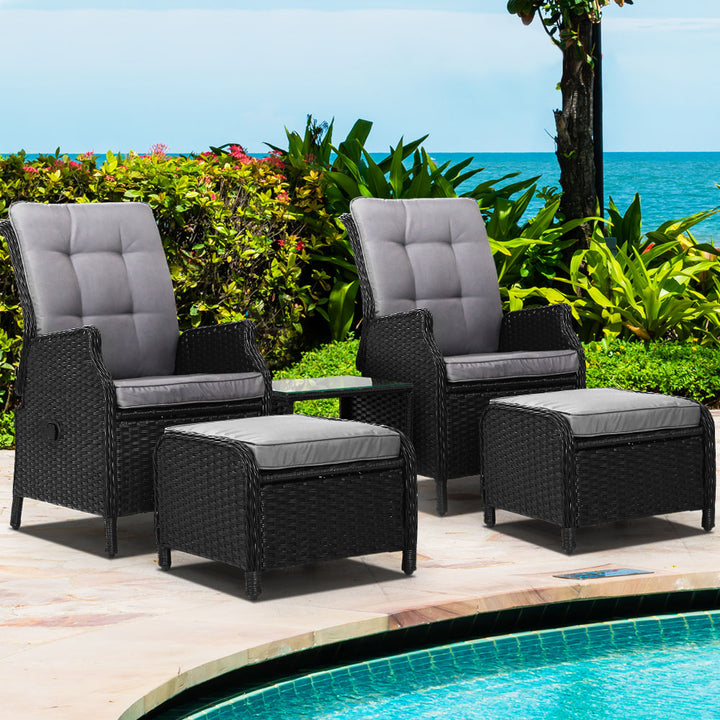 Set of 2 Wicker Reclining Sun Lounge Sofa Chair & Ottoman Set with Centre Table - Black & Grey Homecoze