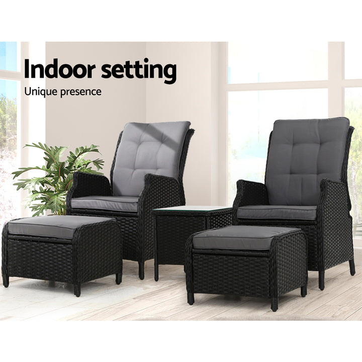 Set of 2 Wicker Reclining Sun Lounge Sofa Chair & Ottoman Set with Centre Table - Black & Grey Homecoze