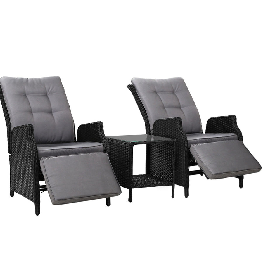 Set of 2 Wicker Reclining Sun Lounge Sofa Chair with Centre Table - Black & Grey Homecoze
