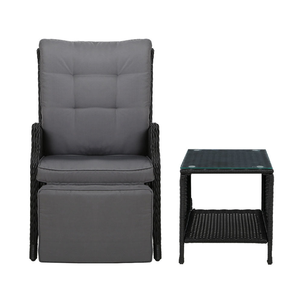 Set of 2 Wicker Reclining Sun Lounge Sofa Chair with Centre Table - Black & Grey Homecoze