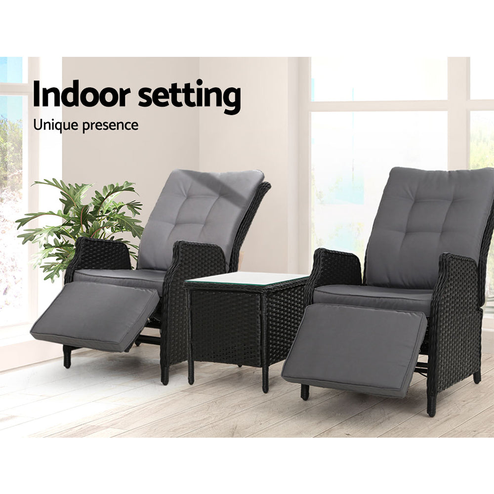 Set of 2 Wicker Reclining Sun Lounge Sofa Chair with Centre Table - Black & Grey Homecoze