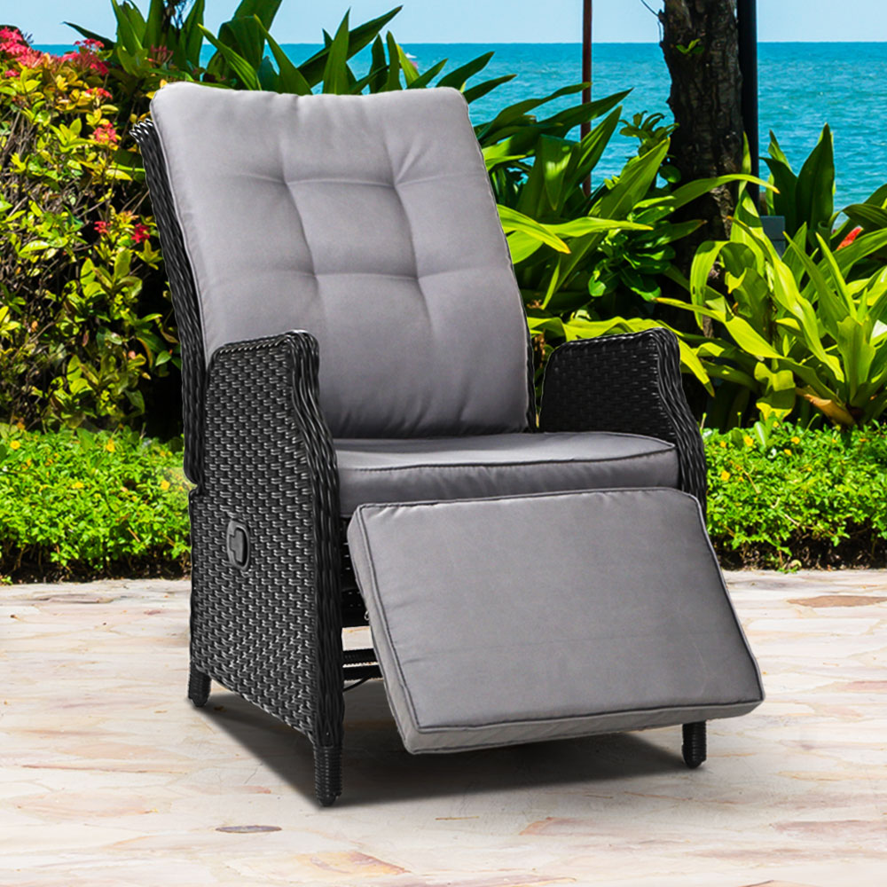 Wicker Reclining Sun Lounge Sofa Chair - Black & Grey Homecoze