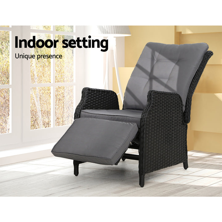 Wicker Reclining Sun Lounge Sofa Chair - Black & Grey Homecoze