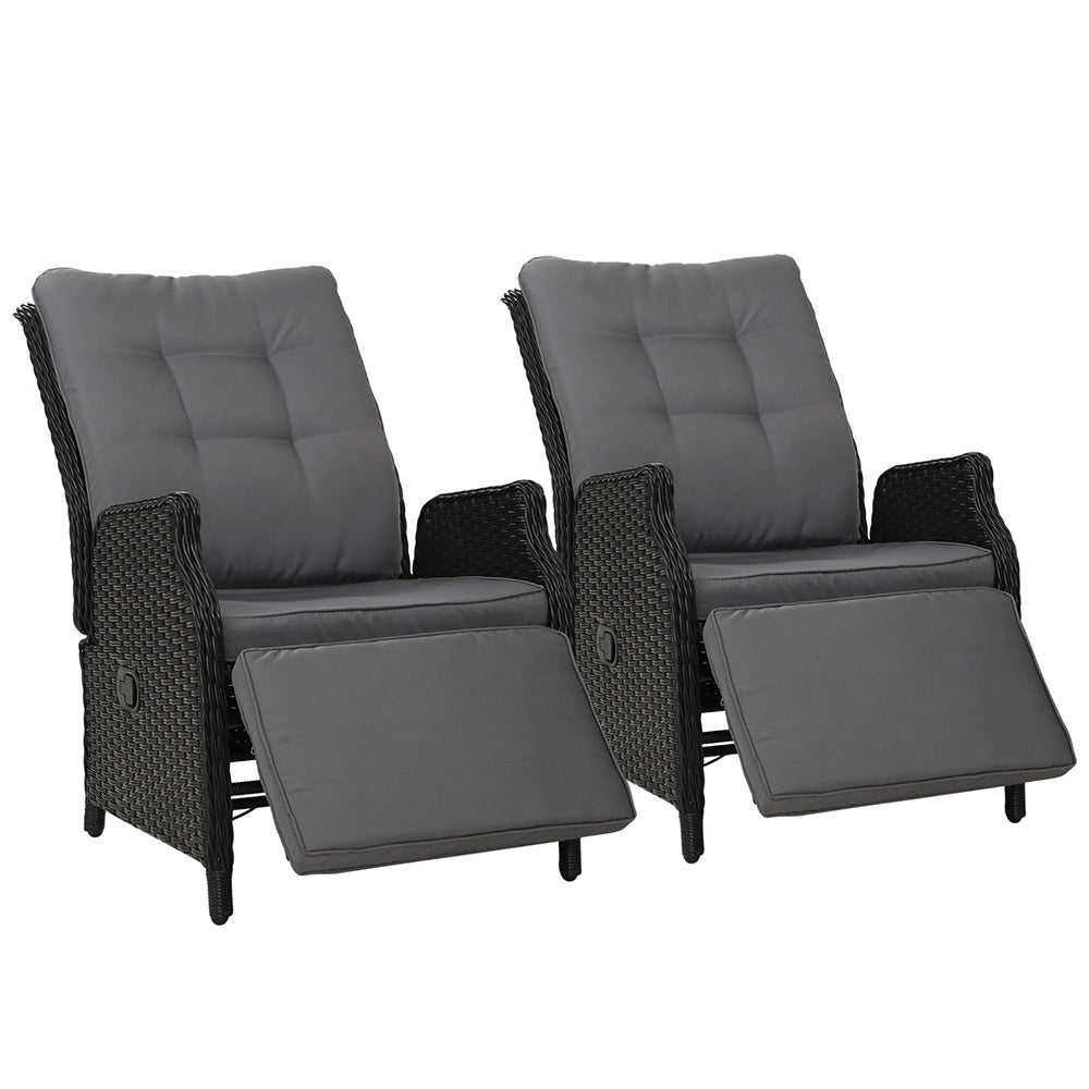 Set of 2 Wicker Outdoor Recliner Chairs - Black - Homecoze