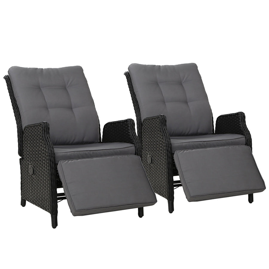 Set of 2 Wicker Reclining Sun Lounge Sofa Chair - Black & Grey Homecoze
