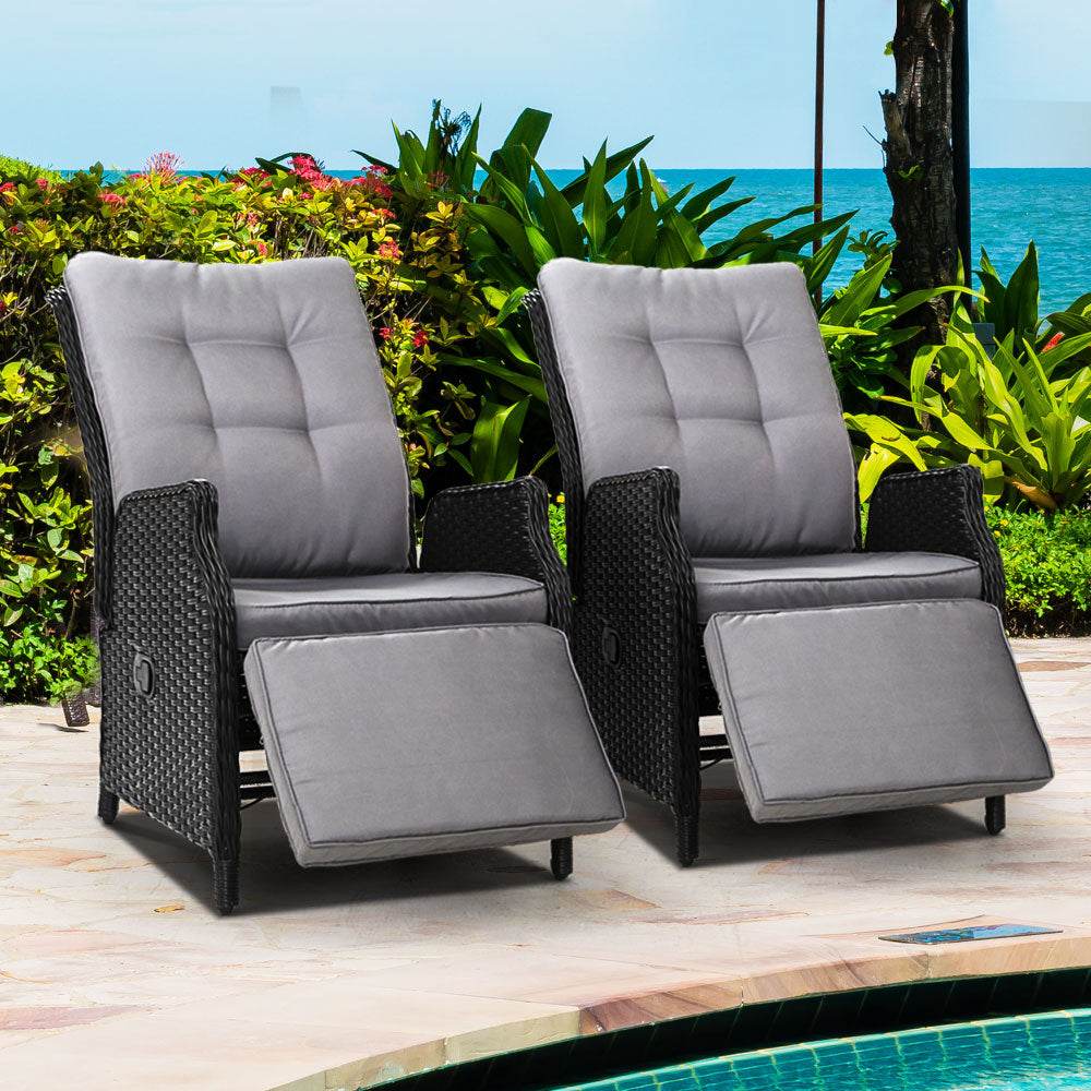 Set of 2 Wicker Reclining Sun Lounge Sofa Chair - Black & Grey Homecoze