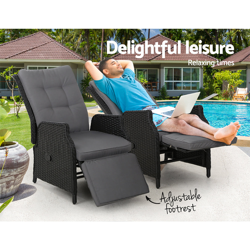 Set of 2 Wicker Outdoor Recliner Chairs - Black - Homecoze