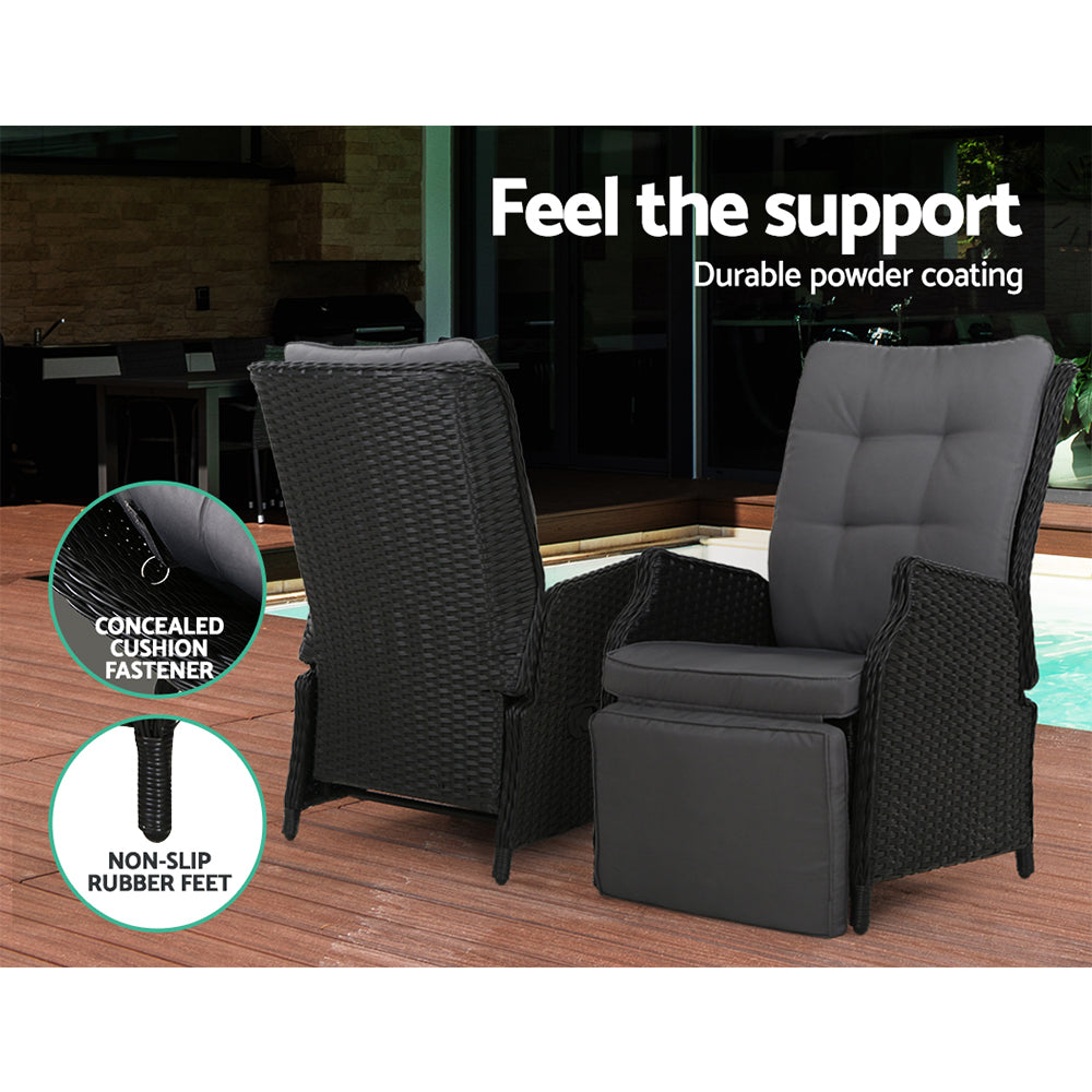 Set of 2 Wicker Outdoor Recliner Chairs - Black - Homecoze