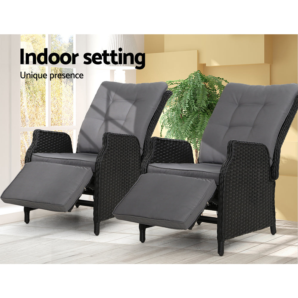 Set of 2 Wicker Outdoor Recliner Chairs - Black - Homecoze
