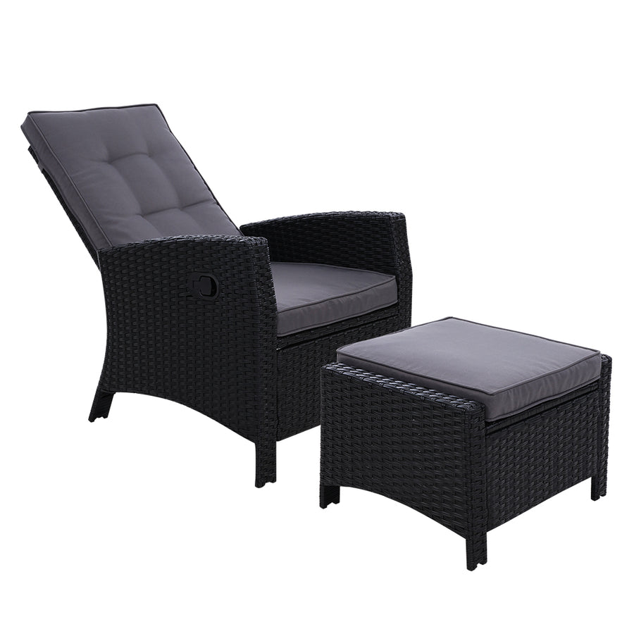 Wicker Reclining Sun Lounge Sofa Chair & Ottoman Set - Black & Grey Homecoze