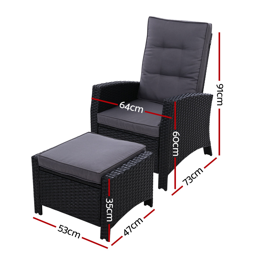 Modern Outdoor Recliner Chair & Ottoman Set - Black - Homecoze