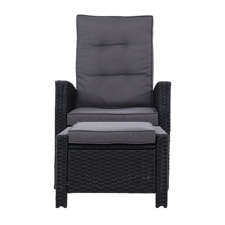 Wicker Reclining Sun Lounge Sofa Chair & Ottoman Set - Black & Grey Homecoze