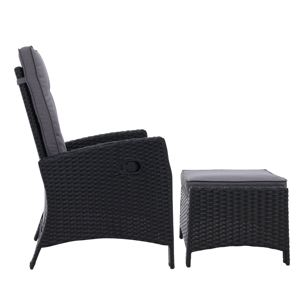 Wicker Reclining Sun Lounge Sofa Chair & Ottoman Set - Black & Grey Homecoze