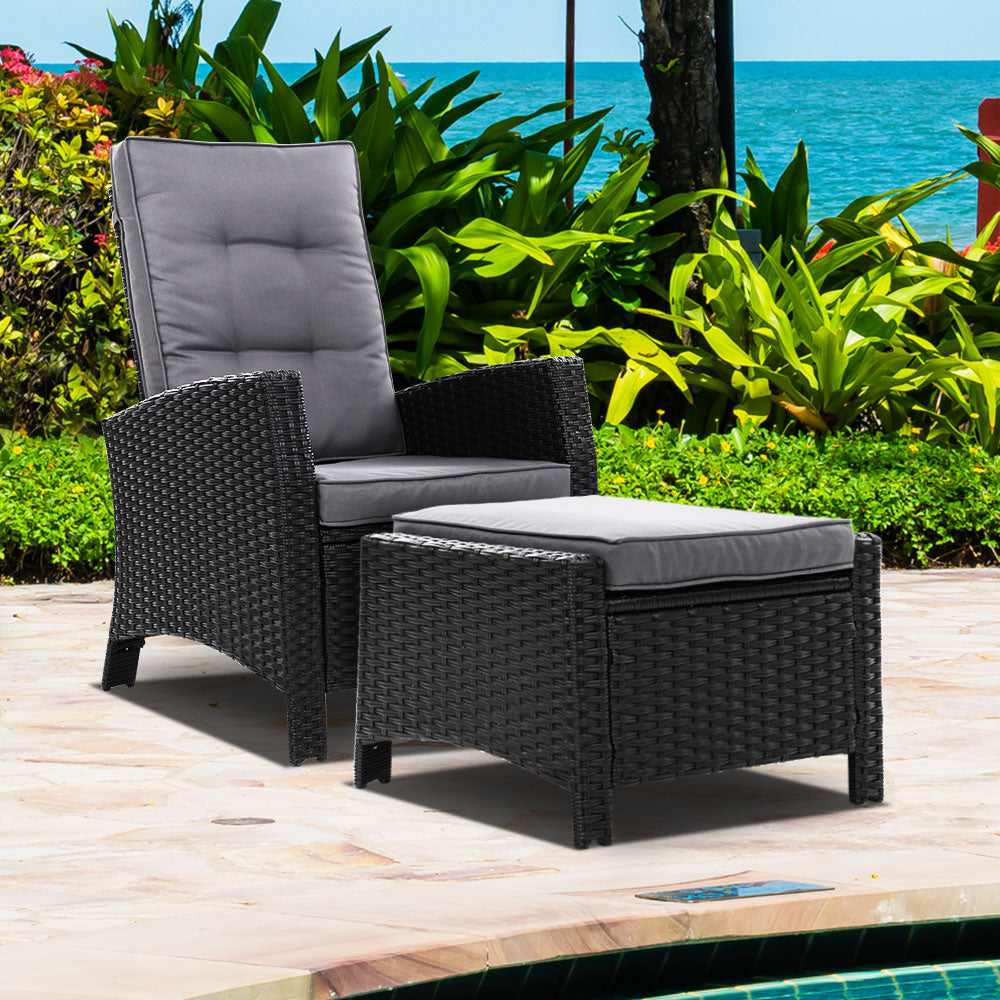 Wicker Reclining Sun Lounge Sofa Chair & Ottoman Set - Black & Grey Homecoze