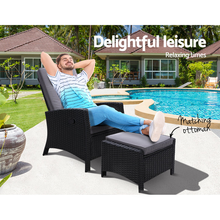 Wicker Reclining Sun Lounge Sofa Chair & Ottoman Set - Black & Grey Homecoze