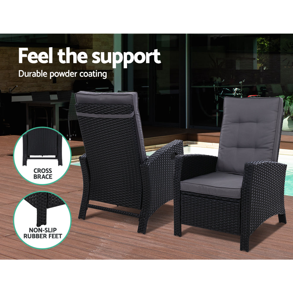 Modern Outdoor Recliner Chair & Ottoman Set - Black - Homecoze