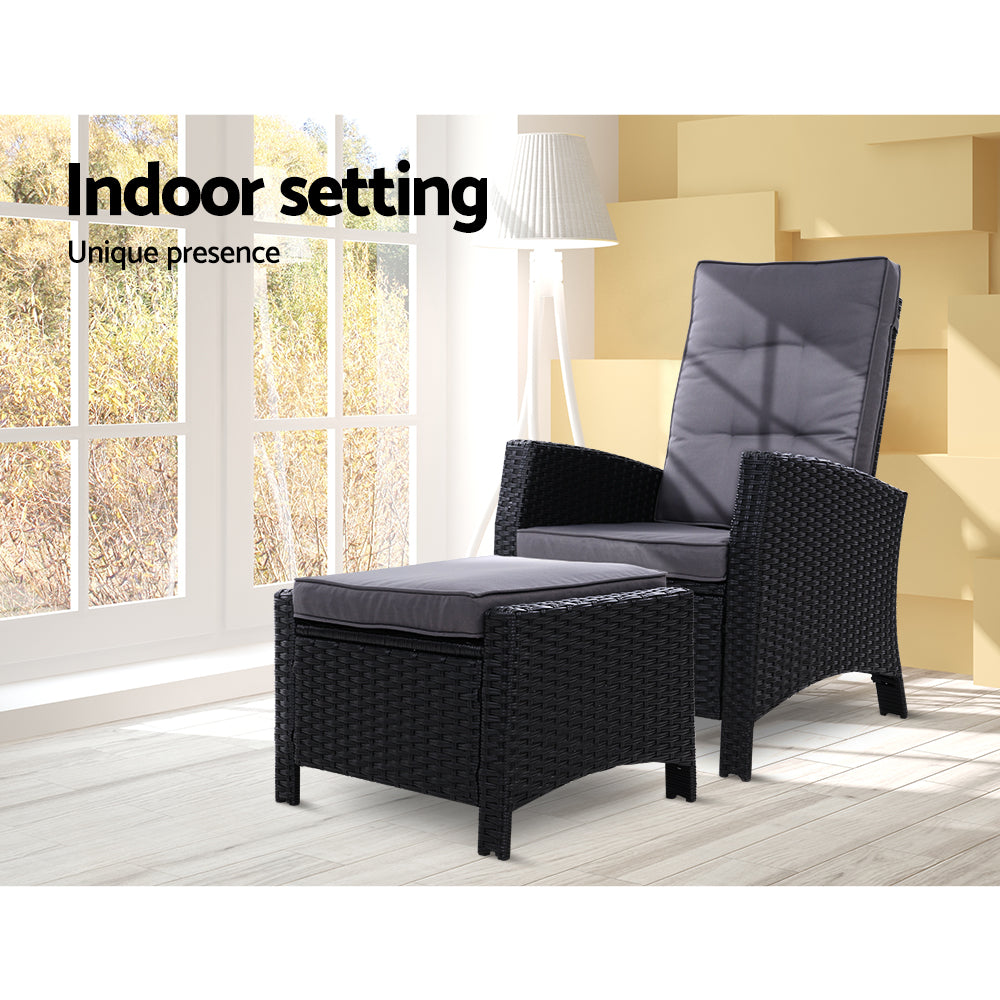 Modern Outdoor Recliner Chair & Ottoman Set - Black - Homecoze