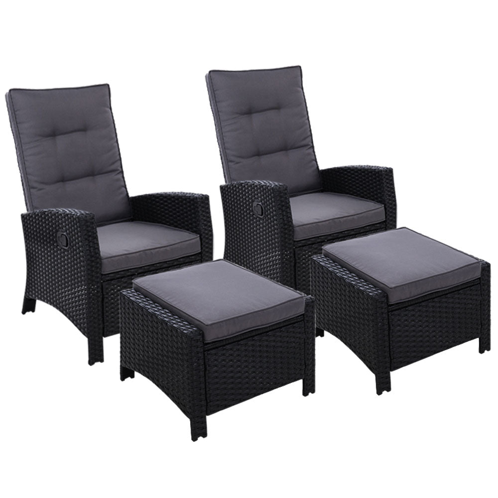 Set of 2 Modern Outdoor Recliner Chairs & Ottoman Set - Black - Homecoze