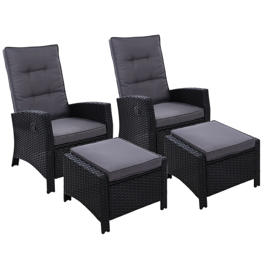 Set of 2 Wicker Reclining Sun Lounge Sofa Chair & Ottoman Set - Black & Grey Homecoze