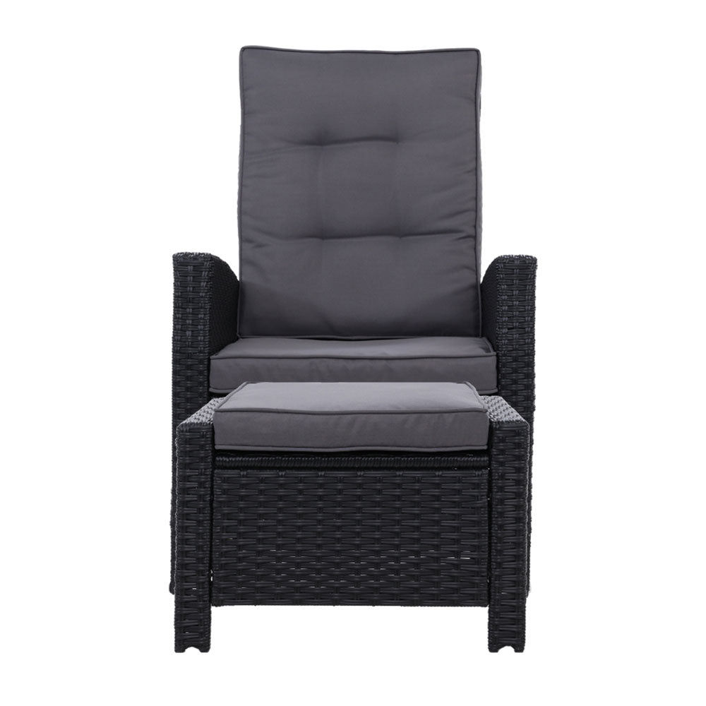 Set of 2 Modern Outdoor Recliner Chairs & Ottoman Set - Black - Homecoze
