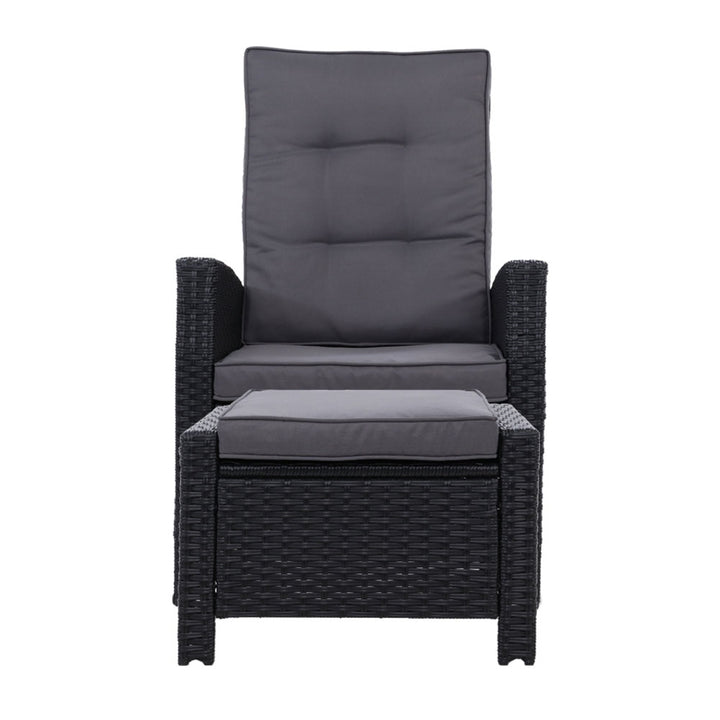 Set of 2 Wicker Reclining Sun Lounge Sofa Chair & Ottoman Set - Black & Grey Homecoze