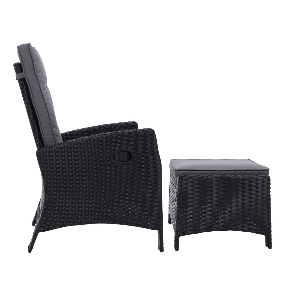 Set of 2 Wicker Reclining Sun Lounge Sofa Chair & Ottoman Set - Black & Grey Homecoze