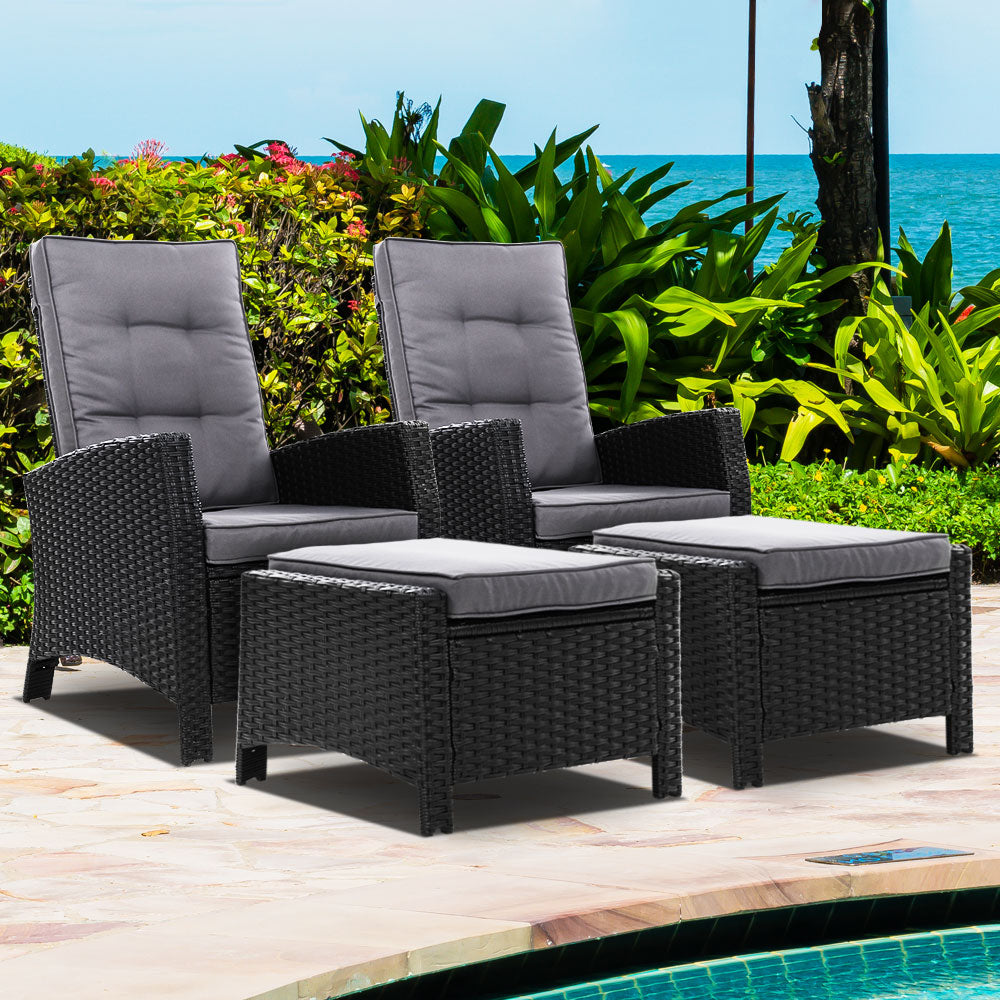 Set of 2 Wicker Reclining Sun Lounge Sofa Chair & Ottoman Set - Black & Grey Homecoze