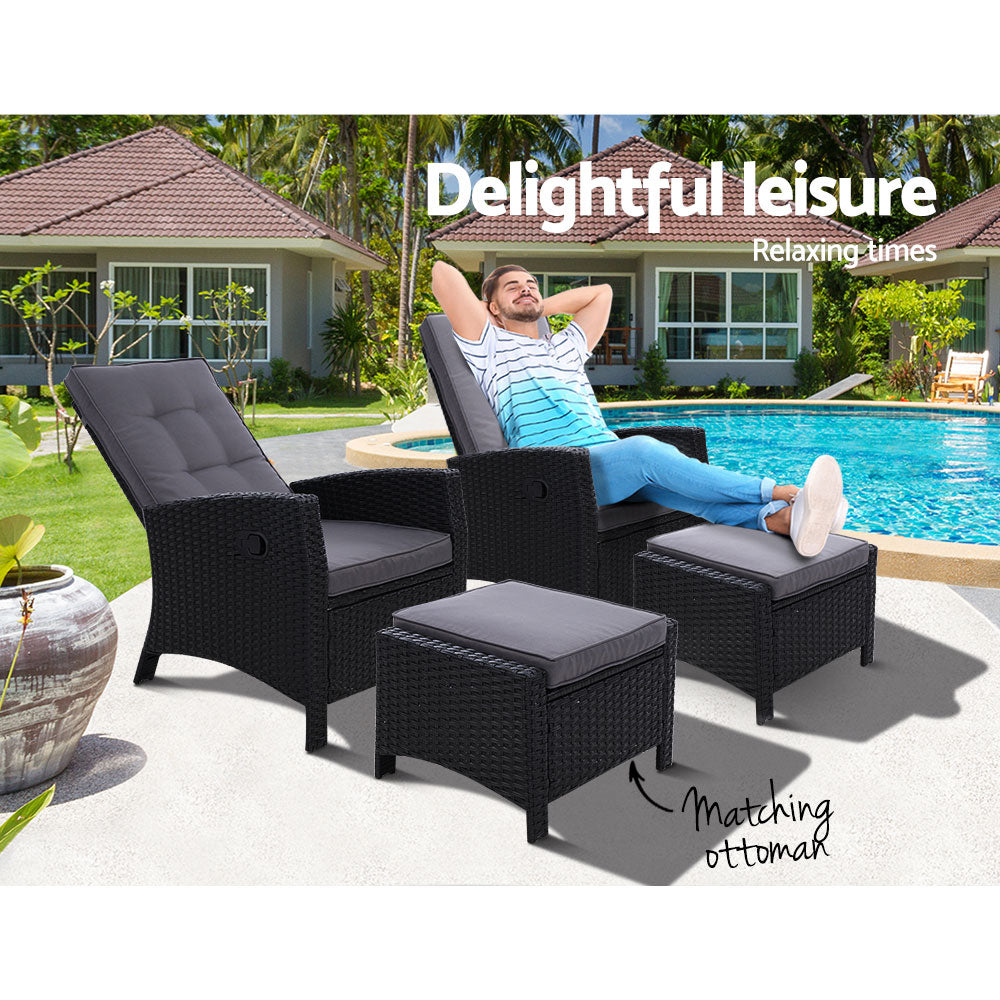 Set of 2 Wicker Reclining Sun Lounge Sofa Chair & Ottoman Set - Black & Grey Homecoze