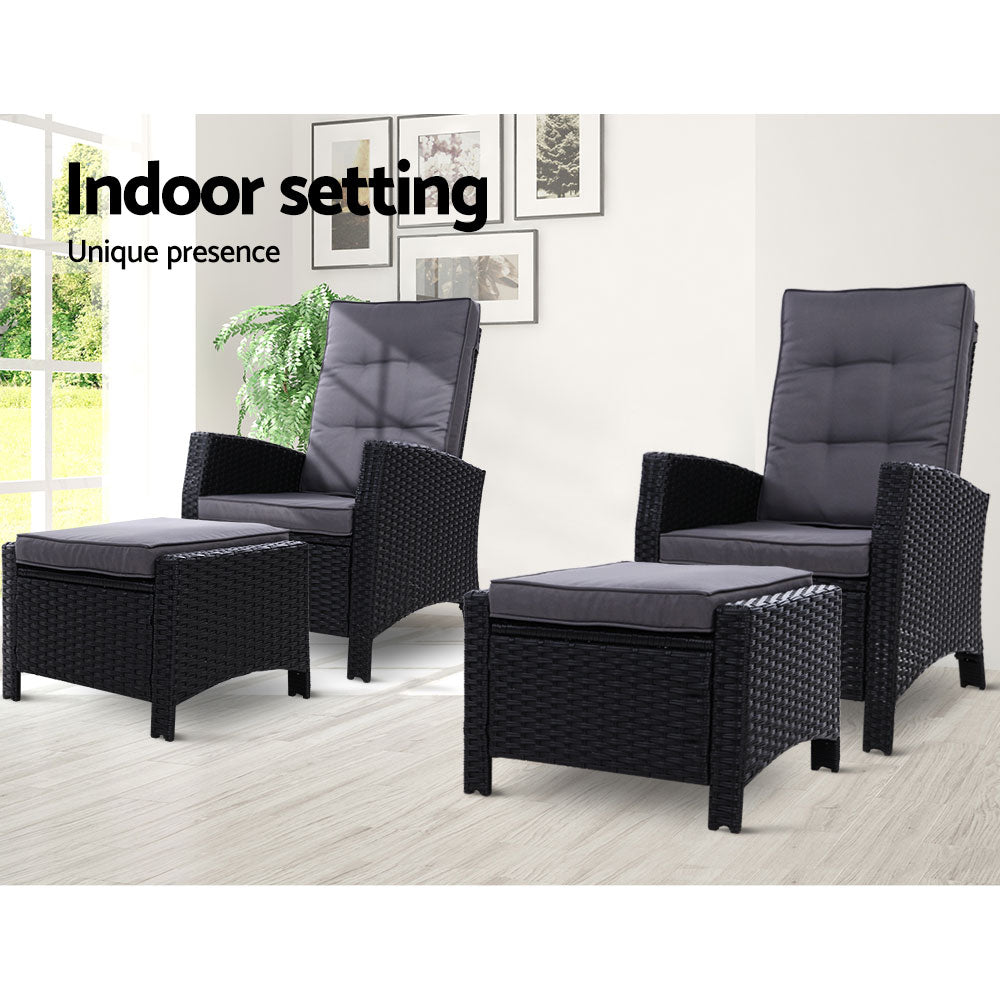 Set of 2 Wicker Reclining Sun Lounge Sofa Chair & Ottoman Set - Black & Grey Homecoze