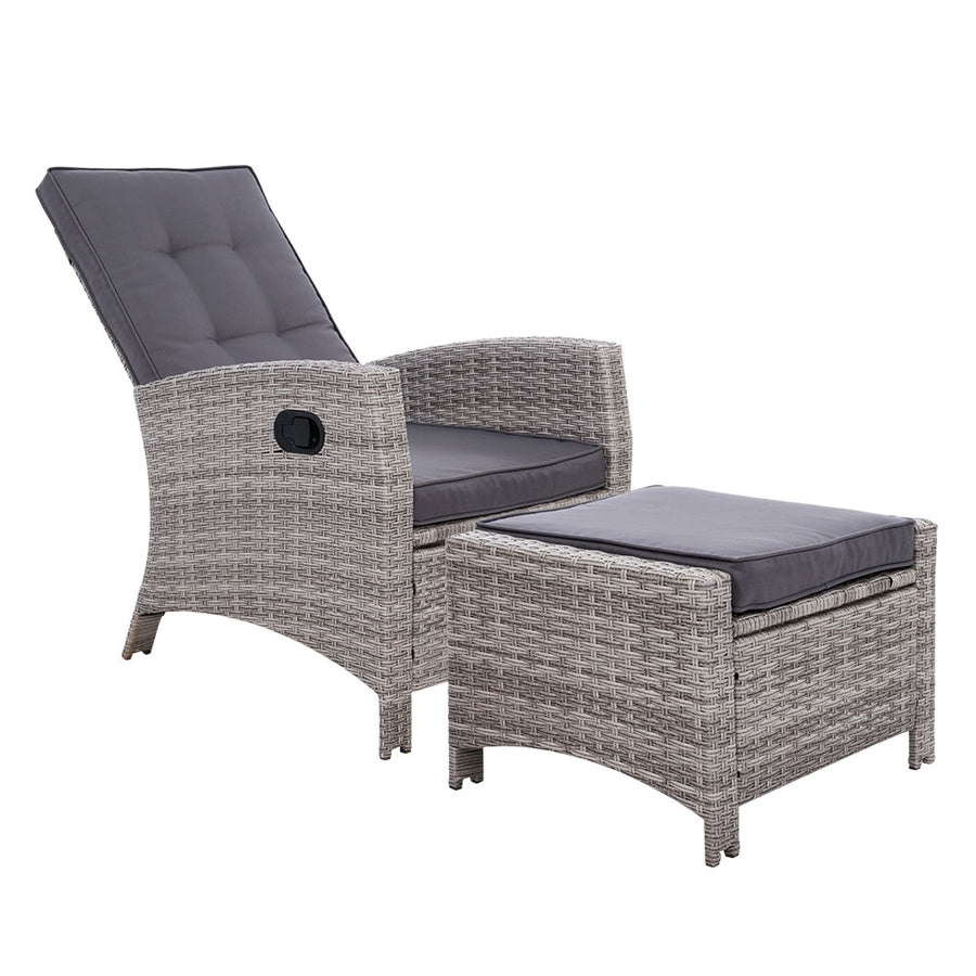 Wicker Reclining Sun Lounge Sofa Chair & Ottoman Set - Grey & Grey Homecoze