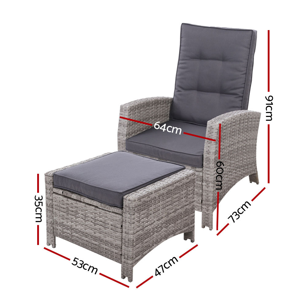 Wicker Reclining Sun Lounge Sofa Chair & Ottoman Set - Grey & Grey Homecoze