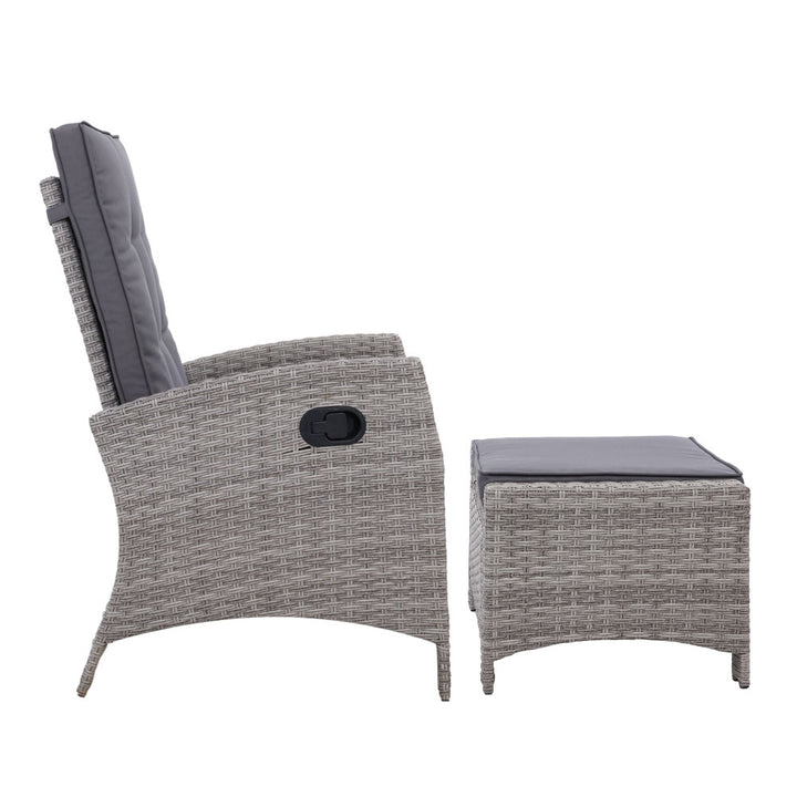 Wicker Reclining Sun Lounge Sofa Chair & Ottoman Set - Grey & Grey Homecoze