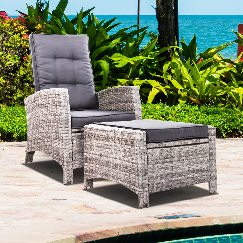 Modern Outdoor Recliner Chair & Ottoman Set - Grey - Homecoze