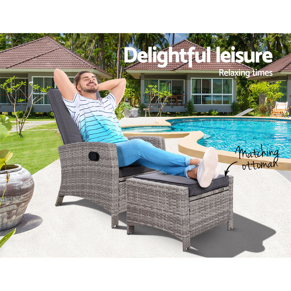 Modern Outdoor Recliner Chair & Ottoman Set - Grey - Homecoze