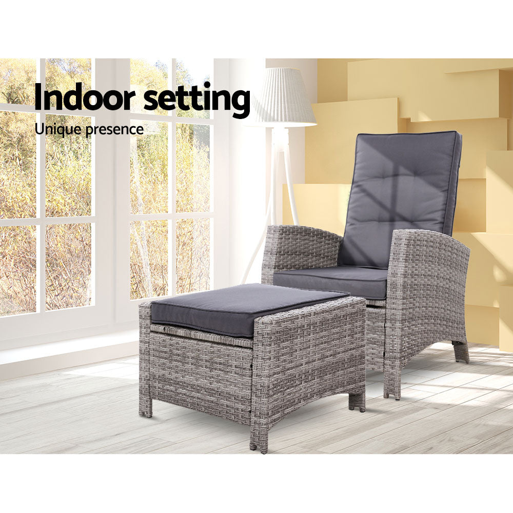 Modern Outdoor Recliner Chair & Ottoman Set - Grey - Homecoze