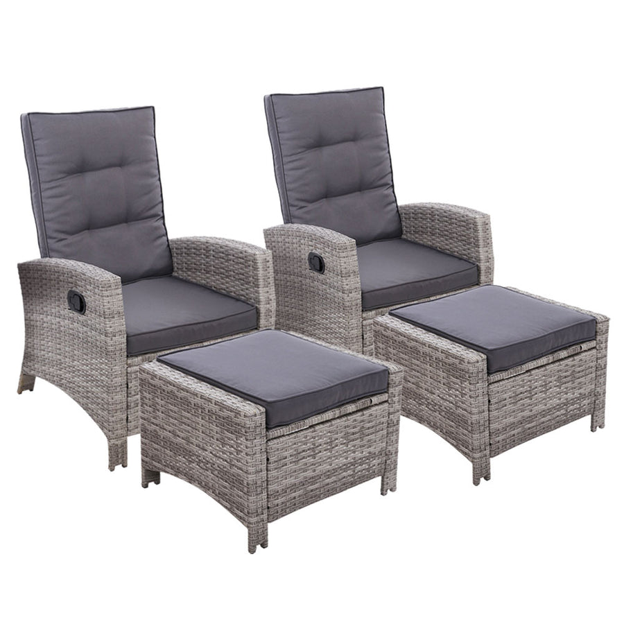 Set of 2 Wicker Reclining Sun Lounge Sofa Chair & Ottoman Set - Grey & Grey Homecoze