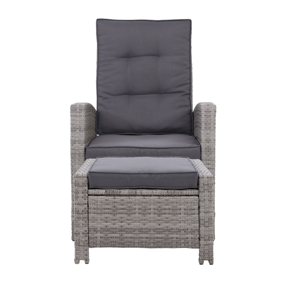 Set of 2 Wicker Reclining Sun Lounge Sofa Chair & Ottoman Set - Grey & Grey Homecoze