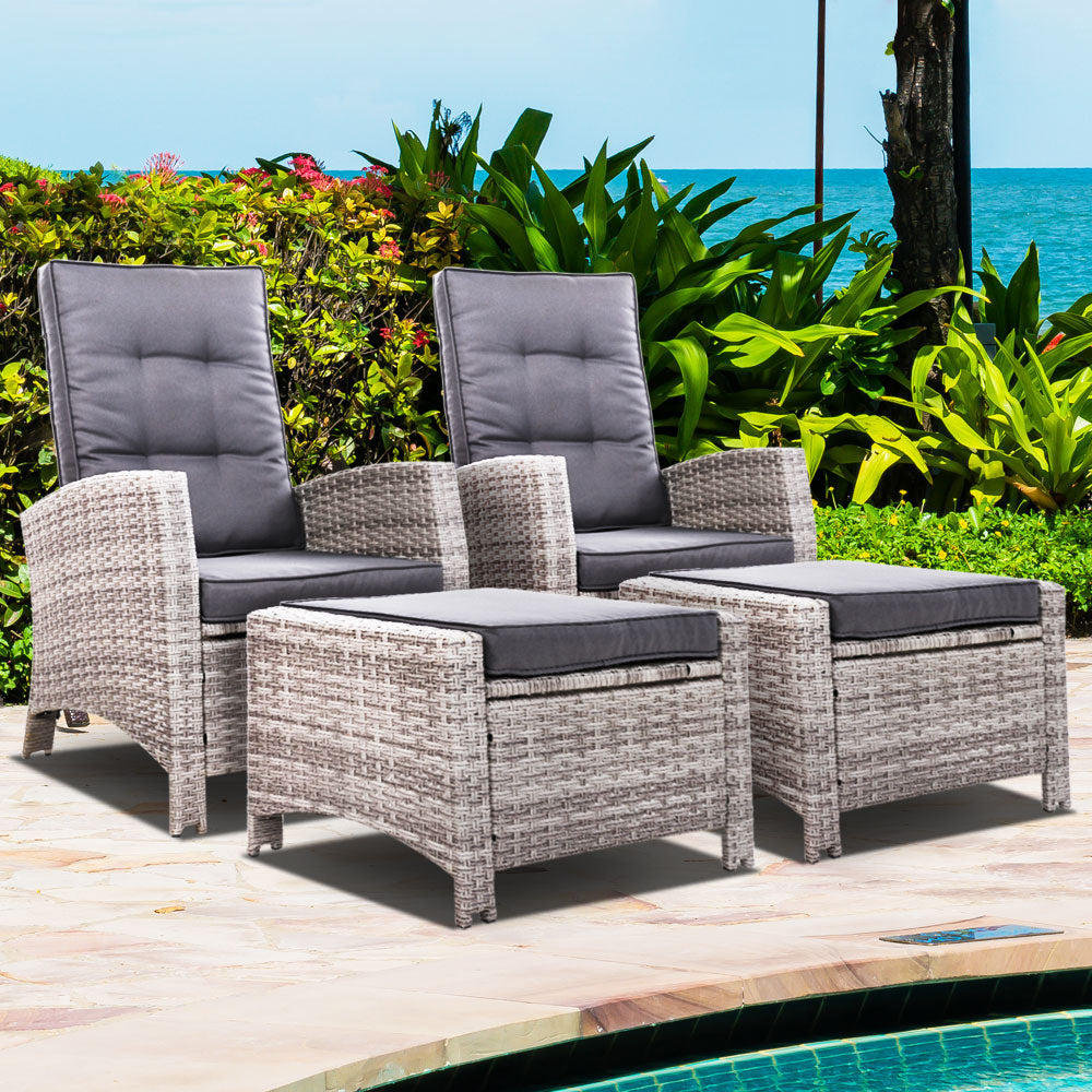 Set of 2 Wicker Reclining Sun Lounge Sofa Chair & Ottoman Set - Grey & Grey Homecoze