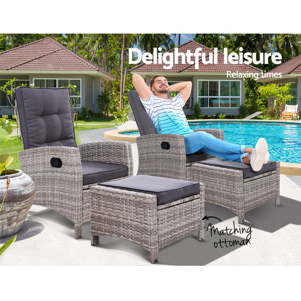 Set of 2 Modern Outdoor Recliner Chairs & Ottoman Set - Grey - Homecoze