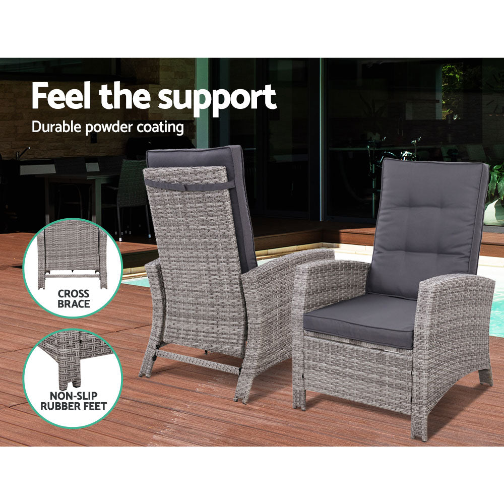 Set of 2 Modern Outdoor Recliner Chairs & Ottoman Set - Grey - Homecoze