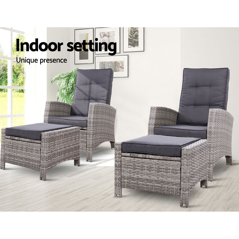 Set of 2 Modern Outdoor Recliner Chairs & Ottoman Set - Grey - Homecoze