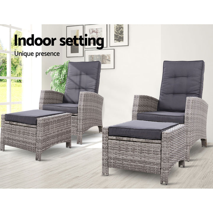 Set of 2 Wicker Reclining Sun Lounge Sofa Chair & Ottoman Set - Grey & Grey Homecoze