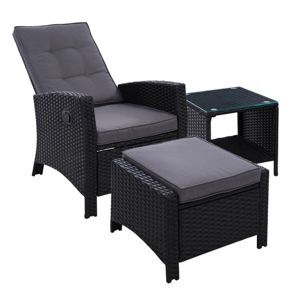 3PC Modern Outdoor Recliner Chair & Ottoman Set - Black - Homecoze