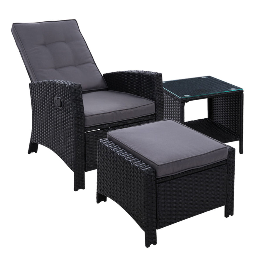 Wicker Reclining Sun Lounge Sofa Chair with Ottoman & Side Table - Black & Grey Homecoze