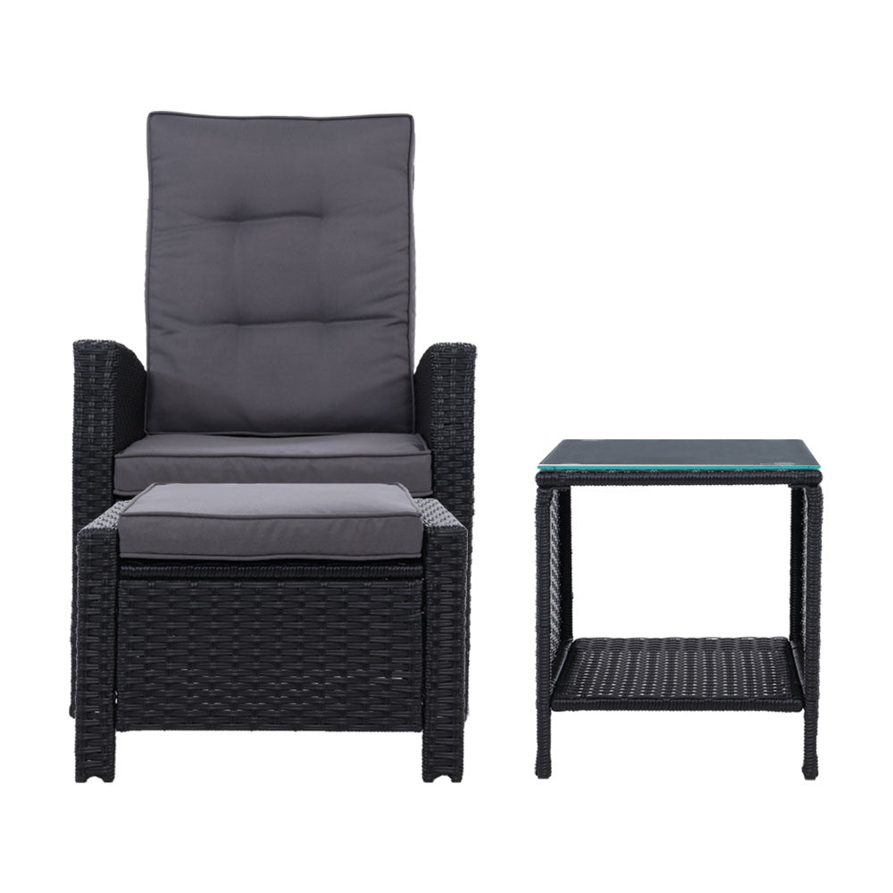 3PC Modern Outdoor Recliner Chair & Ottoman Set - Black - Homecoze