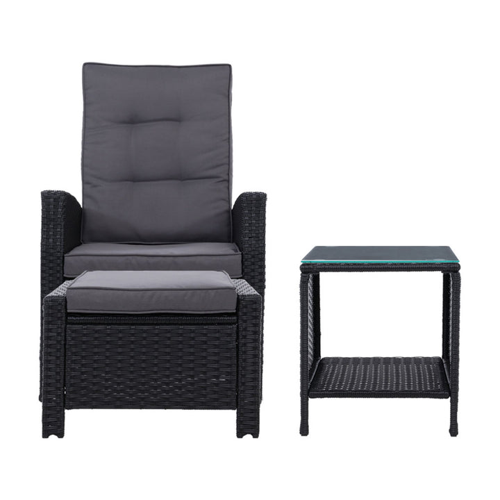 Wicker Reclining Sun Lounge Sofa Chair with Ottoman & Side Table - Black & Grey Homecoze