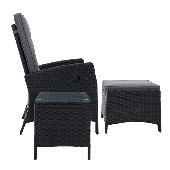 Wicker Reclining Sun Lounge Sofa Chair with Ottoman & Side Table - Black & Grey Homecoze