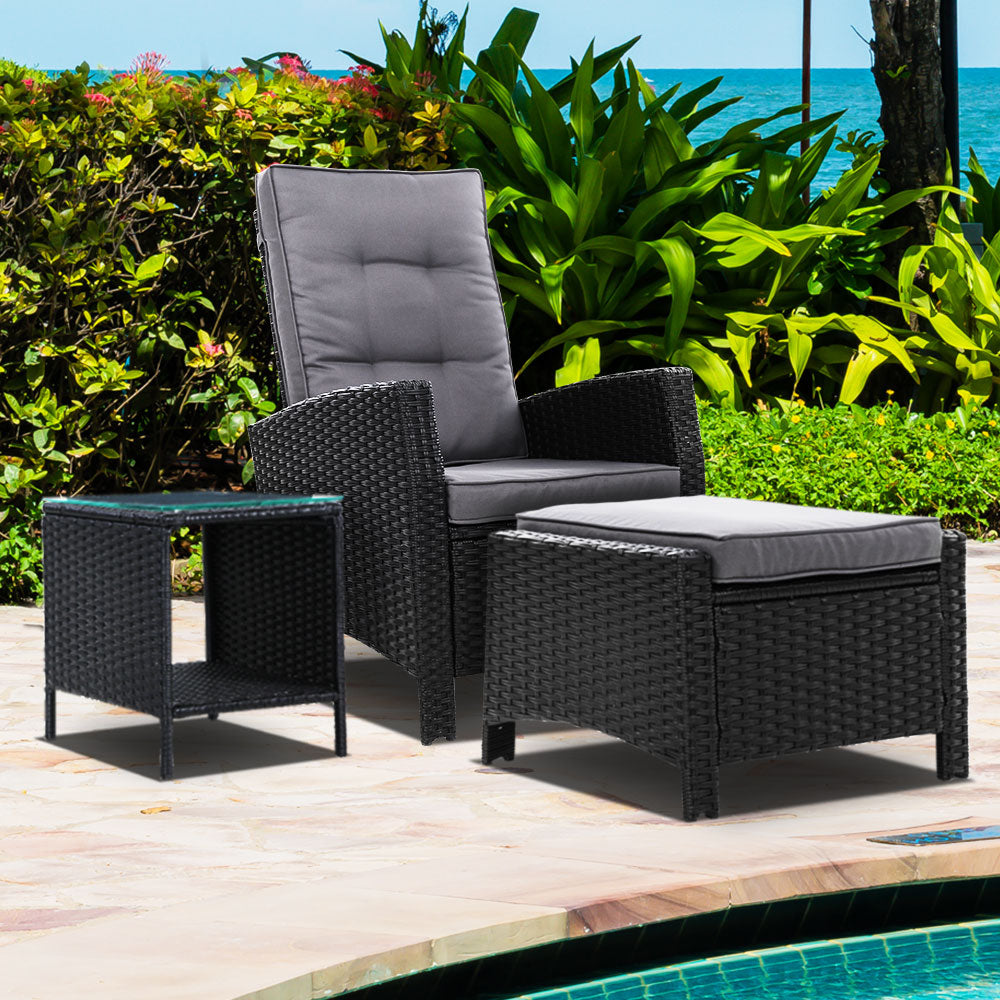Wicker Reclining Sun Lounge Sofa Chair with Ottoman & Side Table - Black & Grey Homecoze