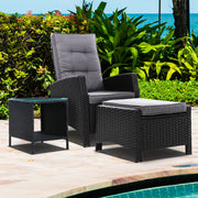 3PC Modern Outdoor Recliner Chair & Ottoman Set - Black - Homecoze