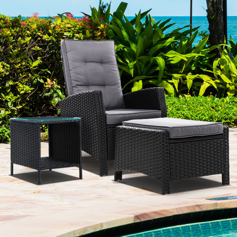 3PC Modern Outdoor Recliner Chair & Ottoman Set - Black - Homecoze